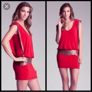 Bebe coral red gold sequin open sleeve V-neck mini dress Sz S